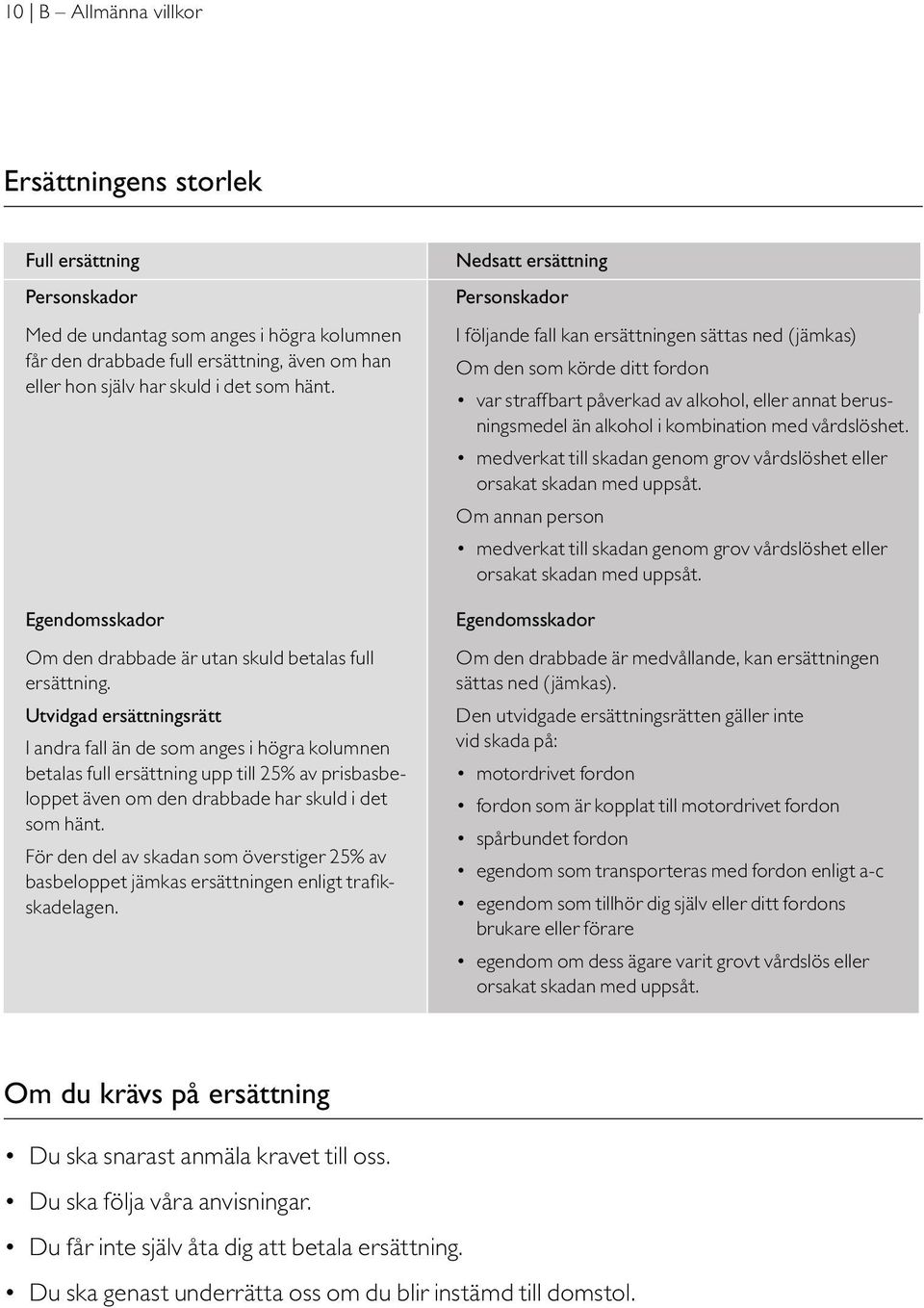 Utvidgad ersättningsrätt I andra fall än de som anges i högra kolumnen betalas full ersättning upp till 25% av prisbasbeloppet även om den drabbade har skuld i det som hänt.