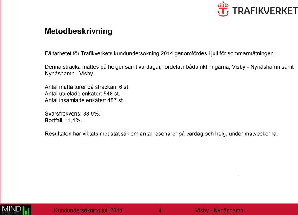 Antal mätta turer på sträckan: 6 st. Antal utdelade enkäter: 548 st. Antal insamlade enkäter: 487 st.