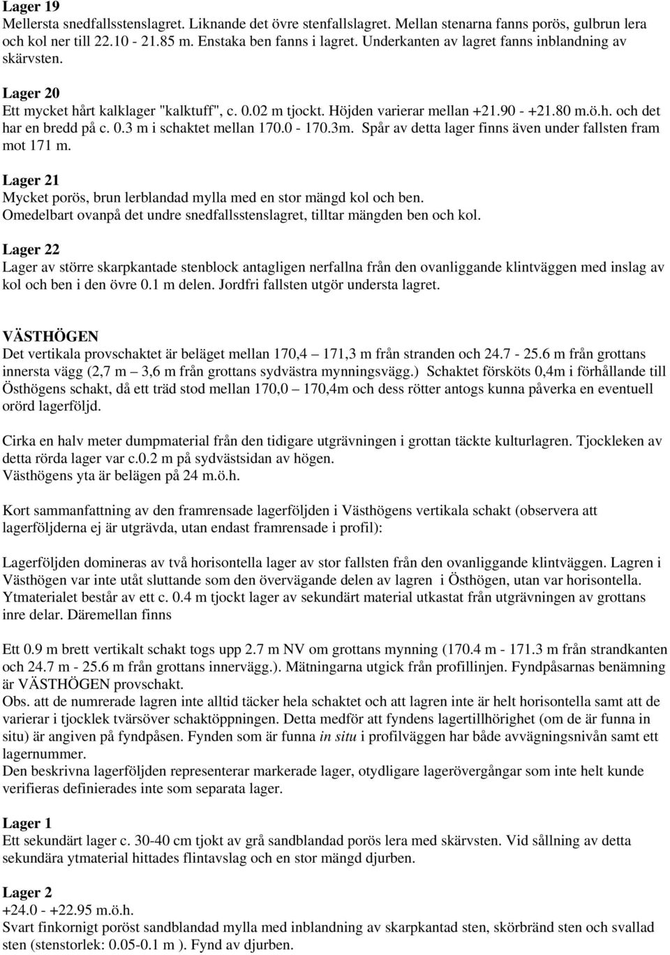 0-170.3m. Spår av detta lager finns även under fallsten fram mot 171 m. Lager 21 Mycket porös, brun lerblandad mylla med en stor mängd kol och ben.