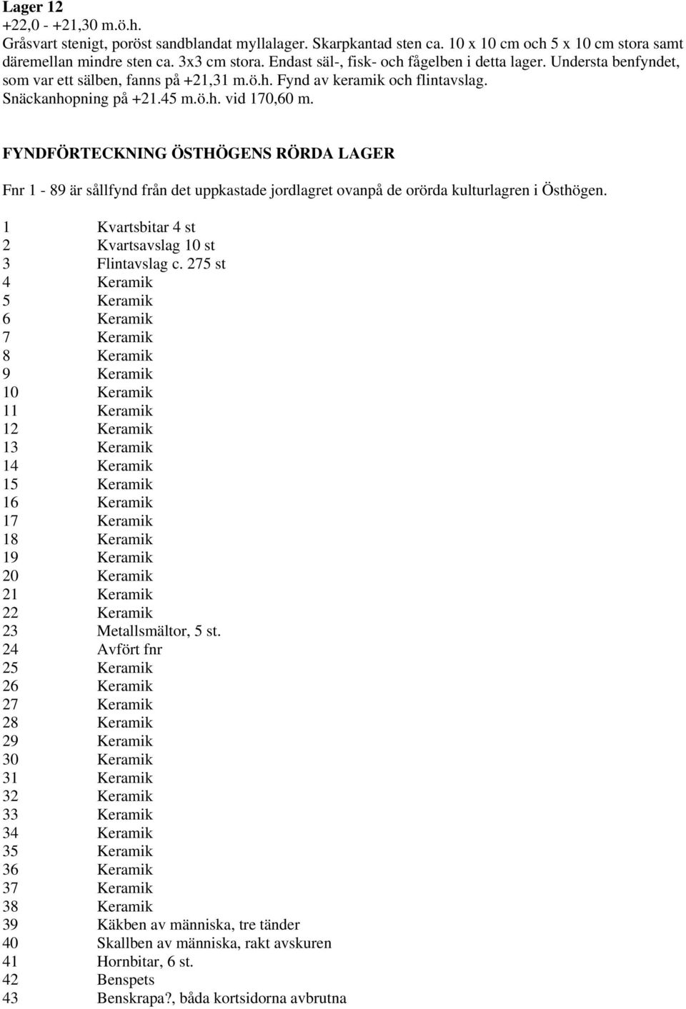 FYNDFÖRTECKNING ÖSTHÖGENS RÖRDA LAGER Fnr 1-89 är sållfynd från det uppkastade jordlagret ovanpå de orörda kulturlagren i Östhögen. 1 Kvartsbitar 4 st 2 Kvartsavslag 10 st 3 Flintavslag c.
