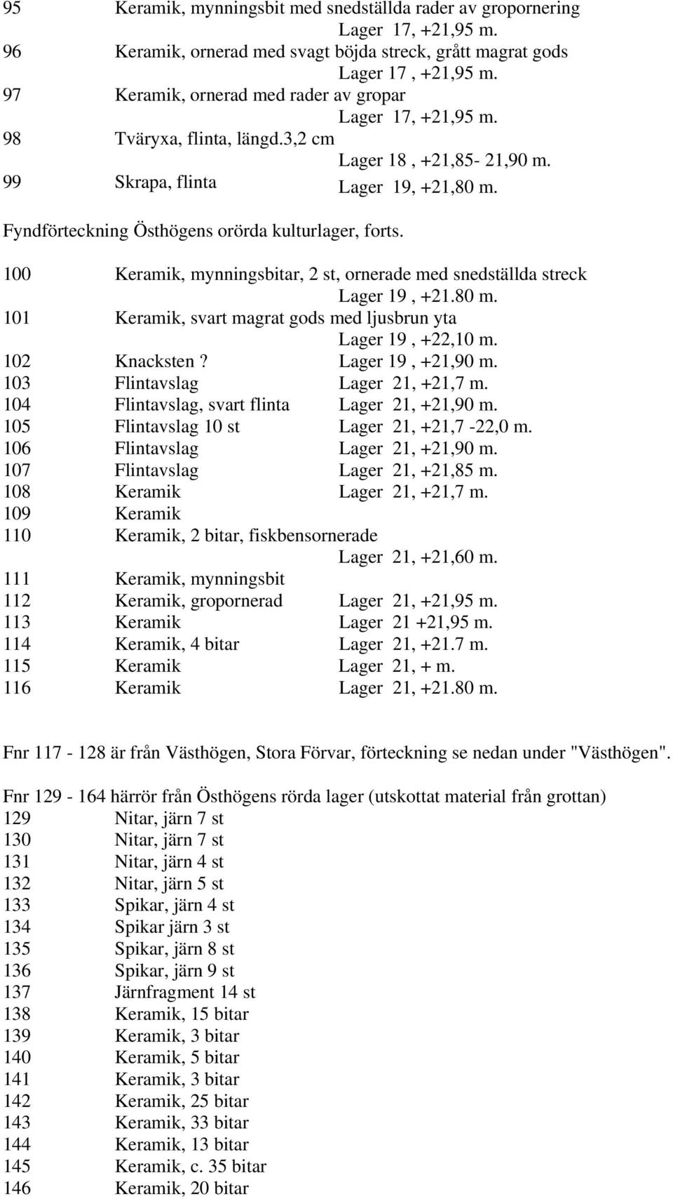 Fyndförteckning Östhögens orörda kulturlager, forts. 100 Keramik, mynningsbitar, 2 st, ornerade med snedställda streck Lager 19, +21.80 m.