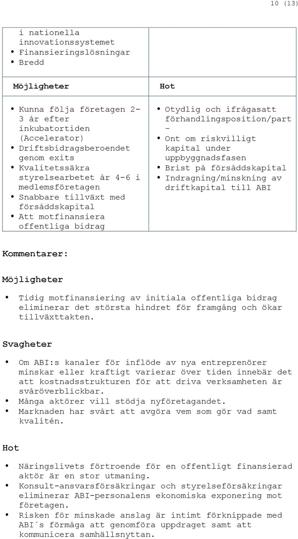 under uppbyggnadsfasen Brist på försåddskapital Indragning/minskning av driftkapital till ABI Kommentarer: Möjligheter Tidig motfinansiering av initiala offentliga bidrag eliminerar det största