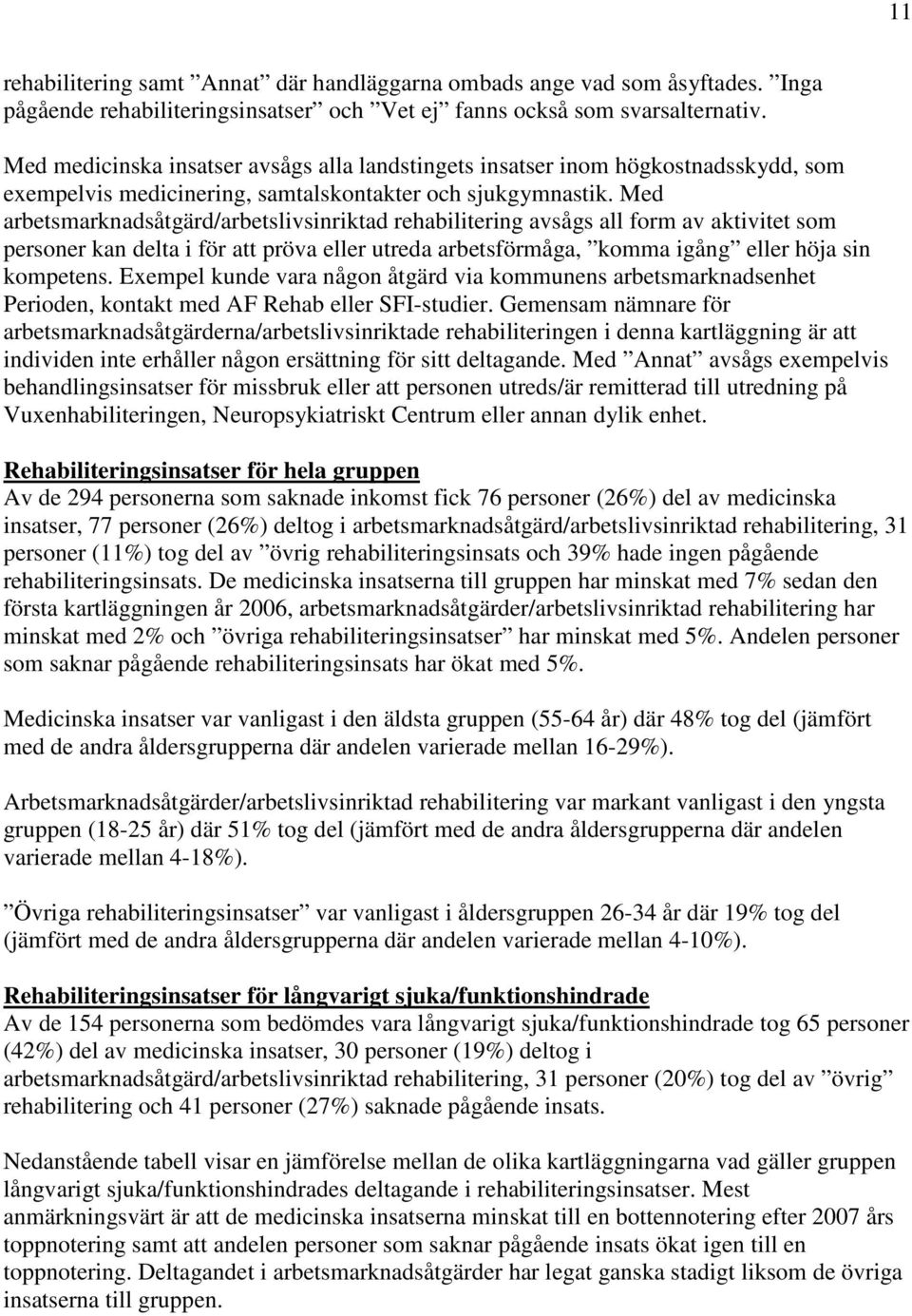 Med arbetsmarknadsåtgärd/arbetslivsinriktad rehabilitering avsågs all form av aktivitet som personer kan delta i för att pröva eller utreda arbetsförmåga, komma igång eller höja sin kompetens.