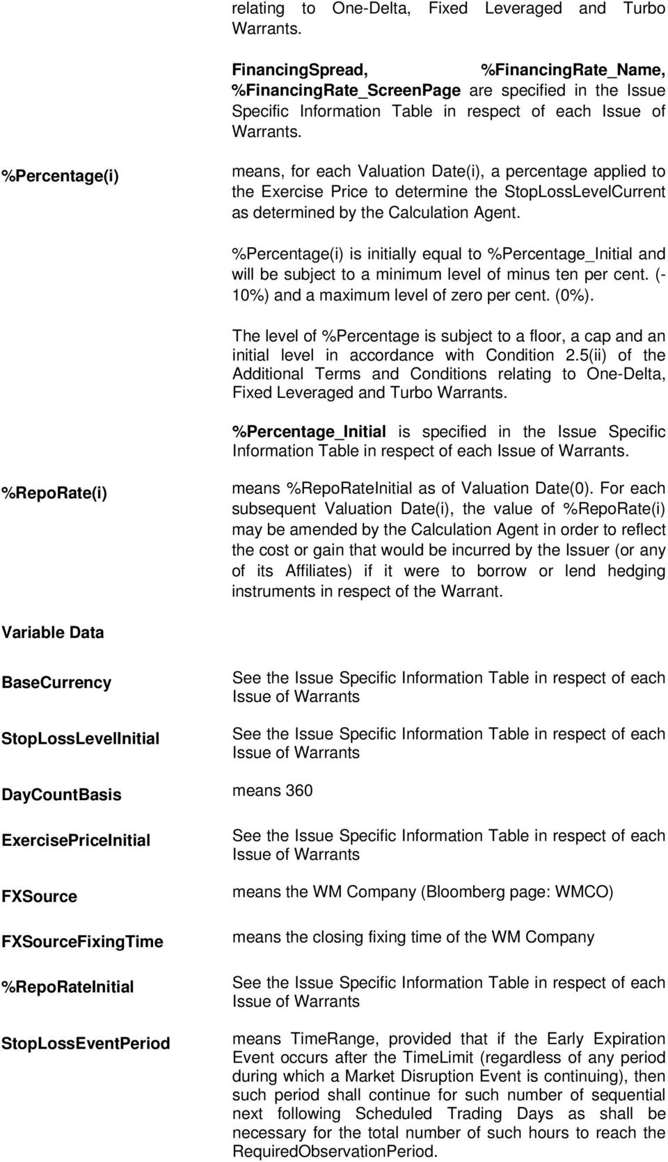 %Percentage(i) means, for each Valuation Date(i), a percentage applied to the Exercise Price to determine the StopLossLevelCurrent as determined by the Calculation Agent.