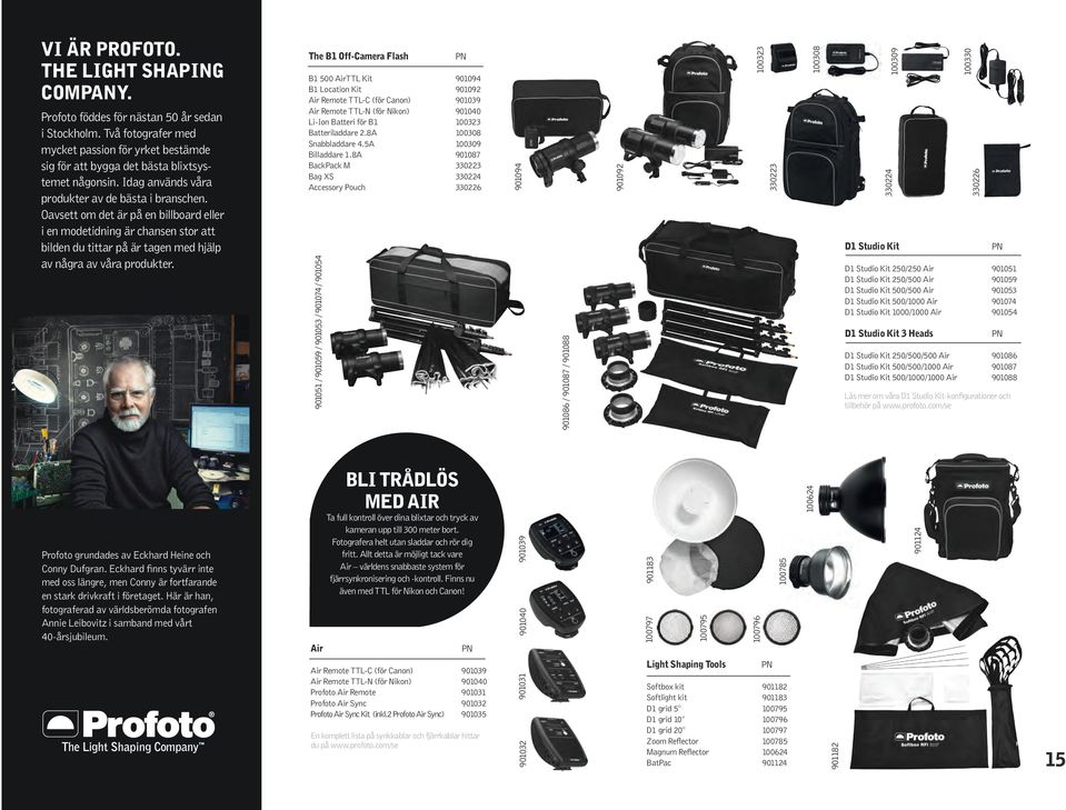 The B1 OffCamera Flash B1 500 AirTTL Kit 901094 B1 Location Kit 901092 Air Remote TTLC (för Canon) 901039 Air Remote TTLN (för Nikon) 901040 LiIon Batteri för B1 100323 Batteriladdare 2.