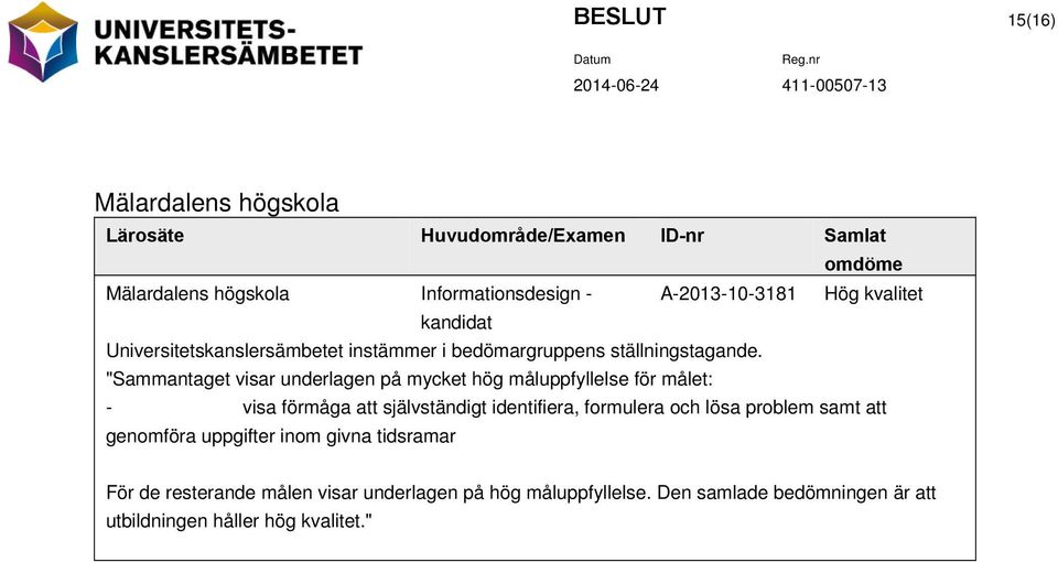 "Sammantaget visar underlagen på mycket hög måluppfyllelse för målet: - visa förmåga att självständigt identifiera, formulera och lösa problem