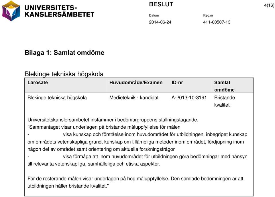 "Sammantaget visar underlagen på bristande måluppfyllelse för målen - visa kunskap och förståelse inom huvudområdet för utbildningen, inbegripet kunskap om områdets vetenskapliga grund, kunskap om