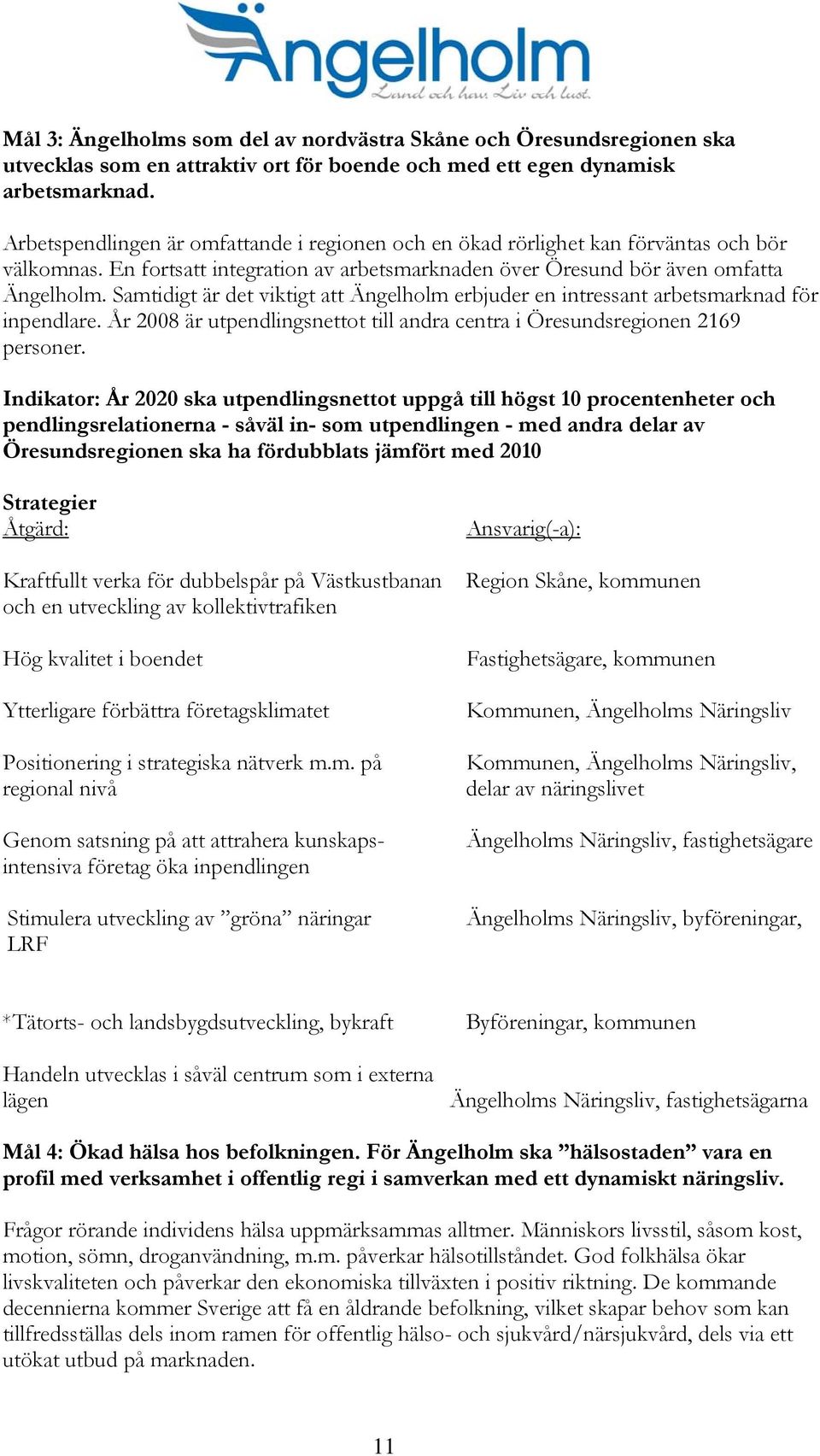 Samtidigt är det viktigt att Ängelholm erbjuder en intressant arbetsmarknad för inpendlare. År 2008 är utpendlingsnettot till andra centra i Öresundsregionen 2169 personer.