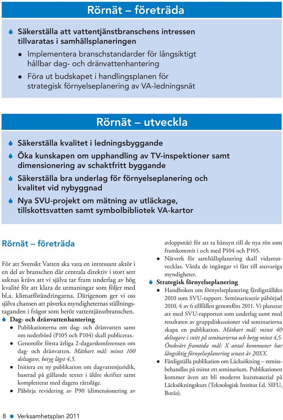 dimension ering av schaktfritt byggande S Säkerställa bra underlag för förnyelseplanering och kvalitet vid nybyggnad S Nya SVU-projekt om mätning av utläckage, tillskottsvatten samt symbolbibliotek