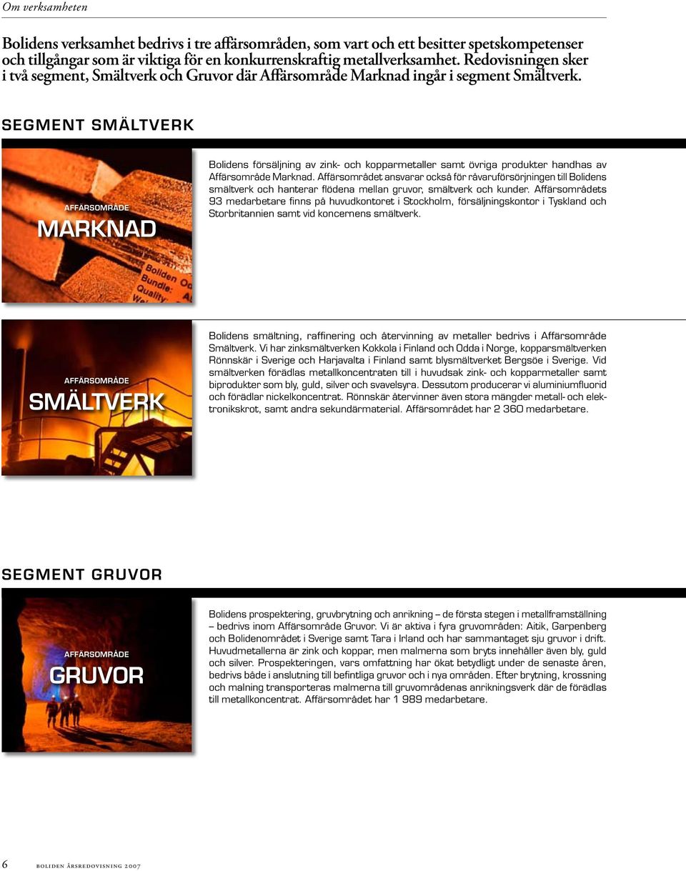 segment smältverk affärsområde marknad Bolidens försäljning av zink- och kopparmetaller samt övriga produkter handhas av Affärsområde Marknad.