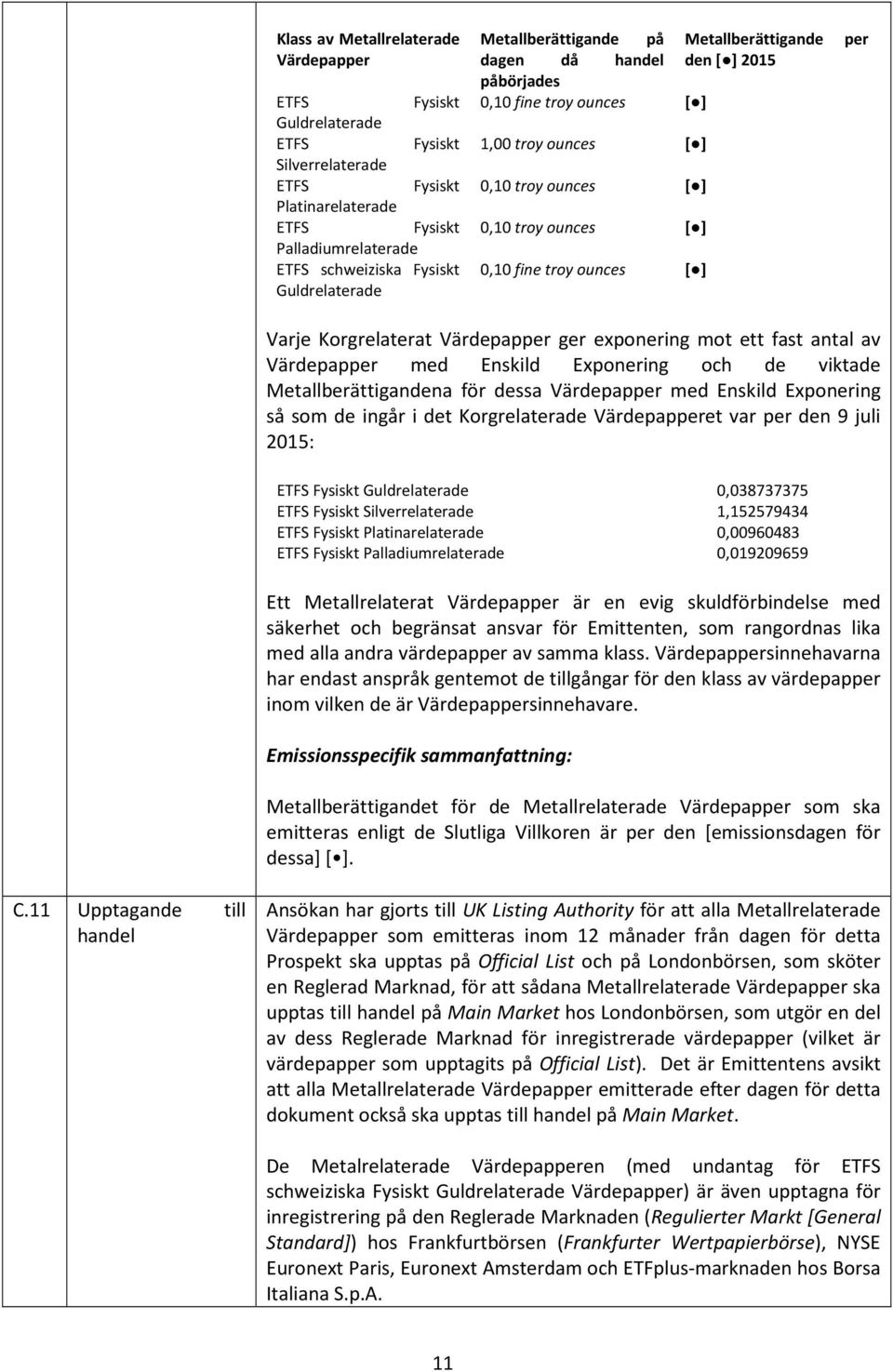 Varje Korgrelaterat Värdepapper ger exponering mot ett fast antal av Värdepapper med Enskild Exponering och de viktade Metallberättigandena för dessa Värdepapper med Enskild Exponering så som de