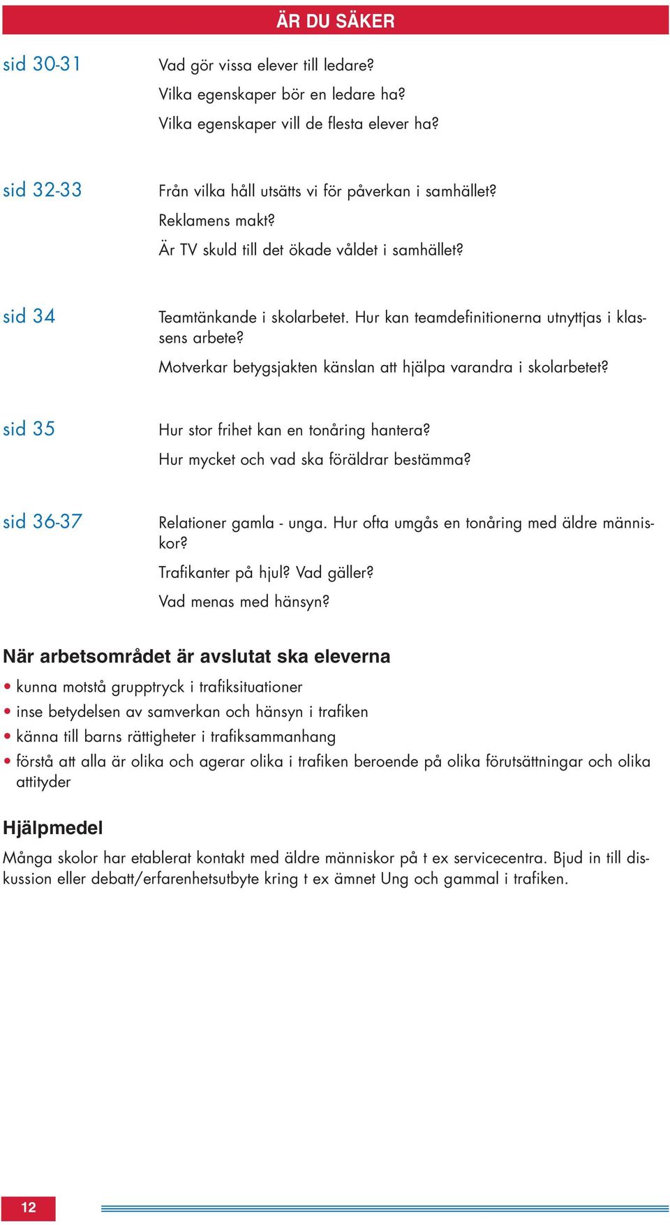 Motverkar betygsjakten känslan att hjälpa varandra i skolarbetet? sid 35 Hur stor frihet kan en tonåring hantera? Hur mycket och vad ska föräldrar bestämma? sid 36-37 Relationer gamla - unga.