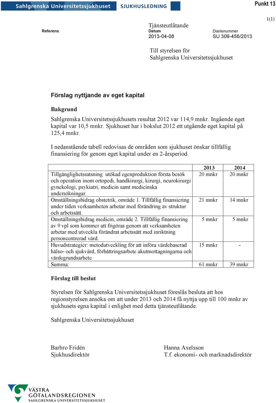 I nedanstående tabell redovisas de områden som sjukhuset önskar tillfällig finansiering för genom eget kapital under en 2-årsperiod.