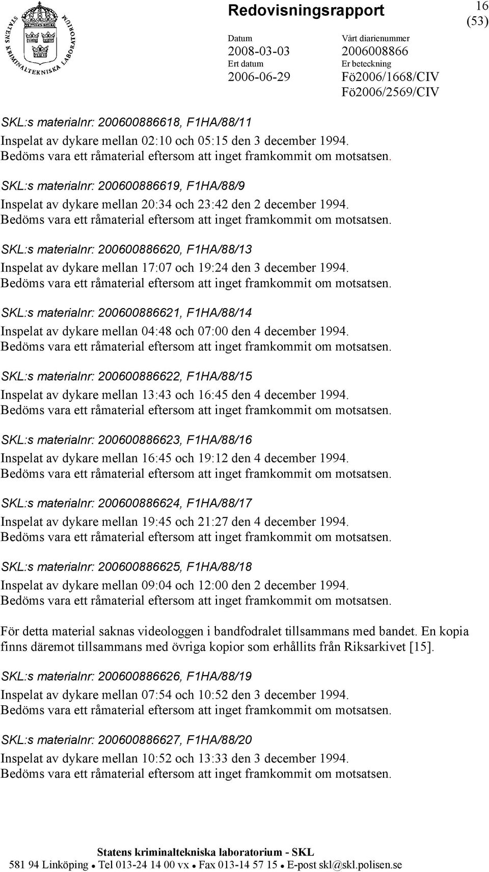 SKL:s materialnr: 20, F1HA/88/13 Inspelat av dykare mellan 17:07 och 19:24 den 3 december 1994. Bedöms vara ett råmaterial eftersom att inget framkommit om motsatsen.