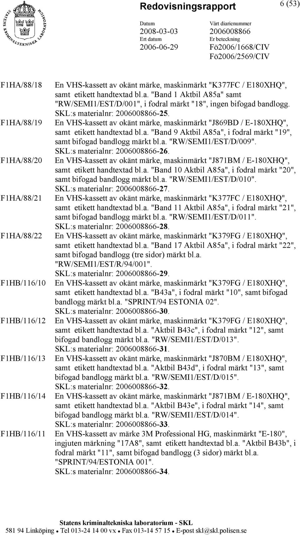 En VHS-kassett av okänt märke, maskinmärkt "J869BD / E-180XHQ", samt etikett handtextad bl.a. "Band 9 Aktbil A85a", i fodral märkt "19", samt bifogad bandlogg märkt bl.a. "RW/SEMI1/EST/D/009".