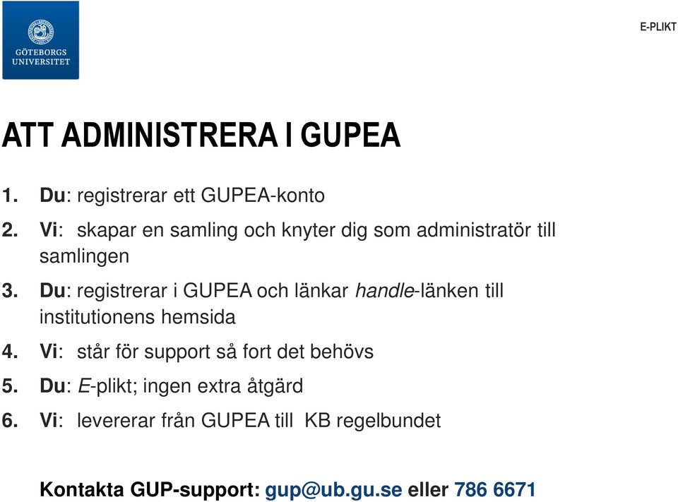 Du: registrerar i GUPEA och länkar handle-länken till institutionens hemsida 4.