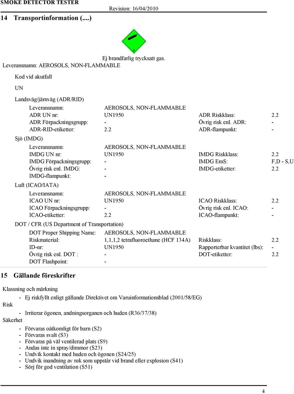 2 IMDG-flampunkt: - Luft (ICAO/IATA) ICAO UN nr: UN1950 ICAO Riskklass: 2.2 ICAO Förpackningsgrupp: - Övrig risk enl. ICAO: - ICAO-etiketter: 2.