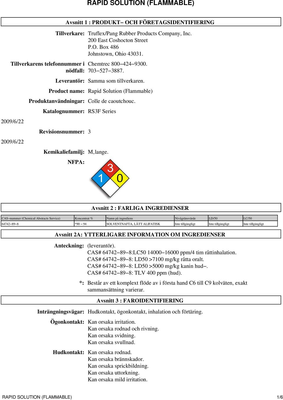 Product name: Rapid Solution (Flammable) Produktanvändningar: Colle de caoutchouc. Katalognummer: RS3F Series Revisionsnummer: 3 Kemikaliefamilj: M lange.