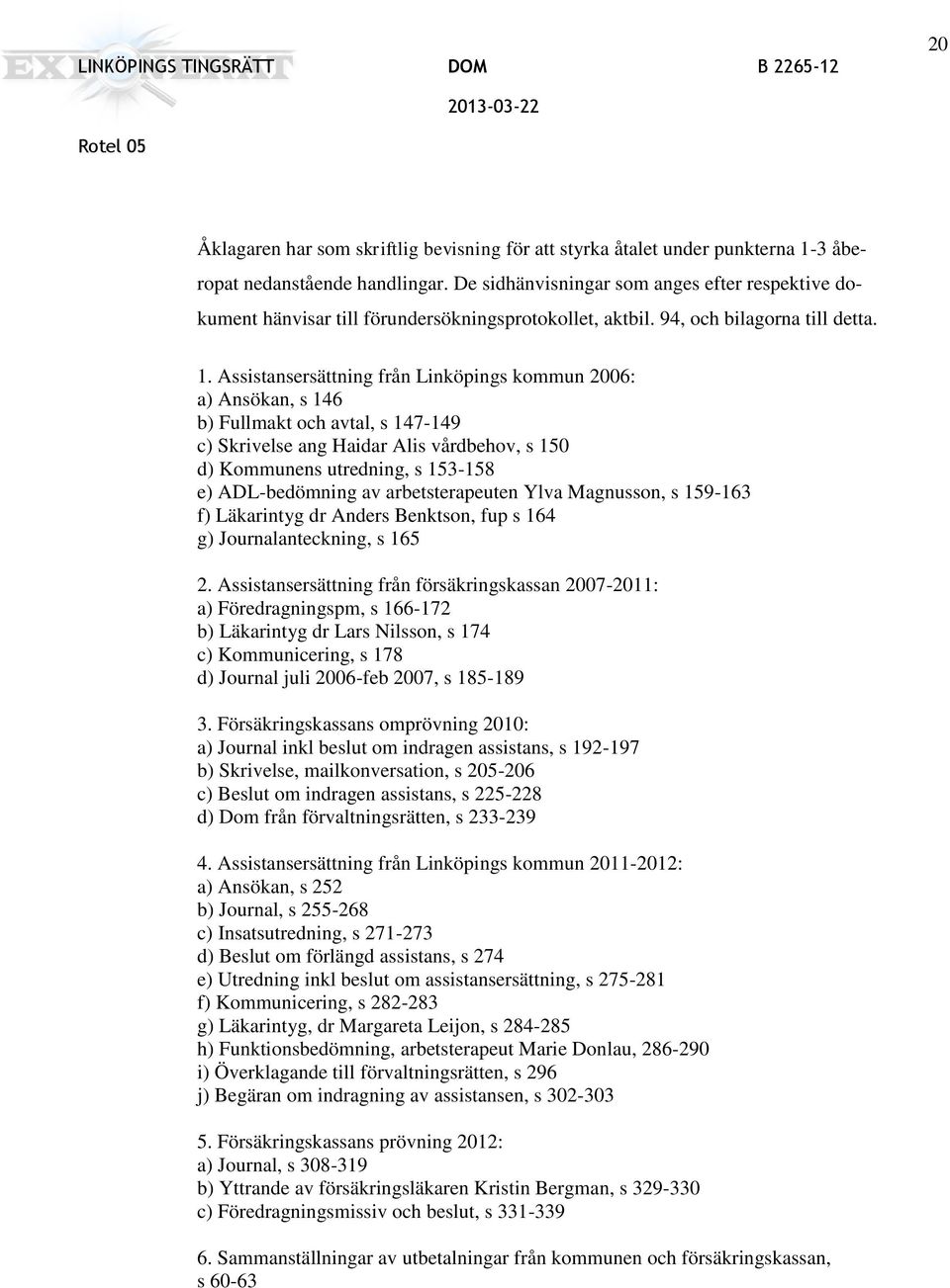 Assistansersättning från Linköpings kommun 2006: a) Ansökan, s 146 b) Fullmakt och avtal, s 147-149 c) Skrivelse ang Haidar Alis vårdbehov, s 150 d) Kommunens utredning, s 153-158 e) ADL-bedömning av