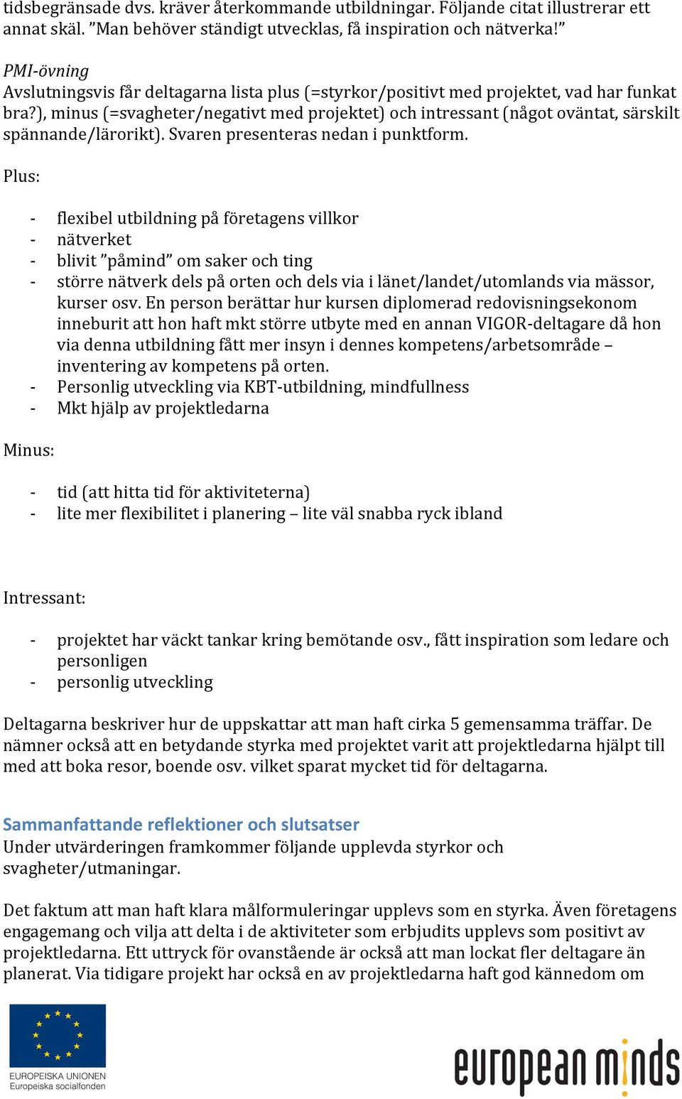 ), minus (=svagheter/negativt med projektet) och intressant (något oväntat, särskilt spännande/lärorikt). Svaren presenteras nedan i punktform.