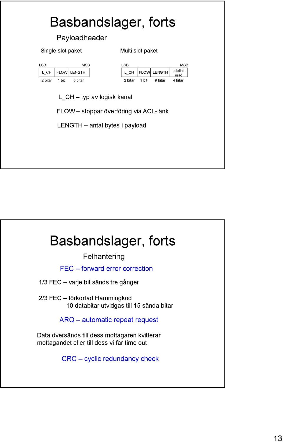 error correction 1/3 FEC varje bit sänds tre gånger 2/3 FEC förkortad Hammingkod 10 databitar utvidgas till 15 sända bitar ARQ automatic