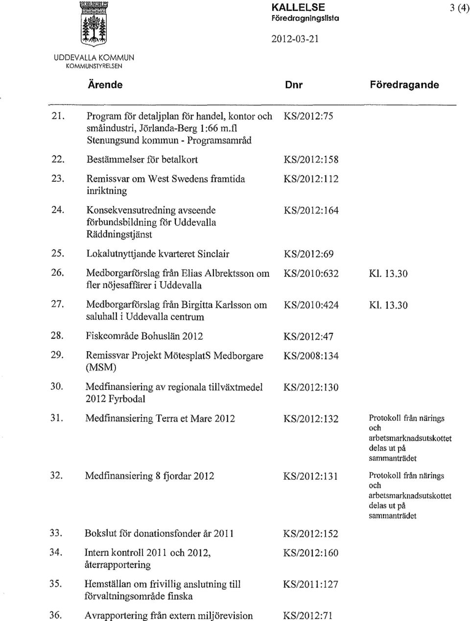 Konsekvensntredning avseende KS/2012:164 förbandsbildning för Uddevalla Räddningstjänst 25. Lokalatnyttjande kvarteret Sinclair KS/2012:69 26.