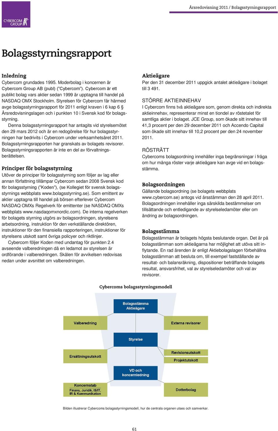 Denna bolagsstyrningsrapport har antagits vid styrelsemötet den 29 mars 2012 och är en redogörelse för hur bolagsstyrningen har bedrivits i Cybercom under verksamhetsåret 2011.