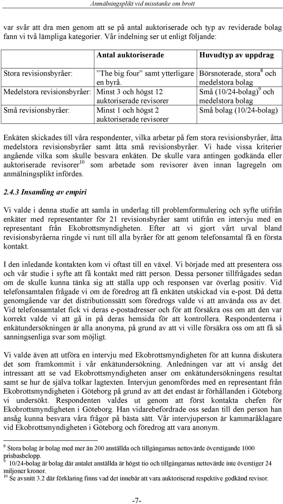 Medelstora revisionsbyråer: Minst 3 och högst 12 auktoriserade revisorer Små revisionsbyråer: Minst 1 och högst 2 auktoriserade revisorer Huvudtyp av uppdrag Börsnoterade, stora 8 och medelstora