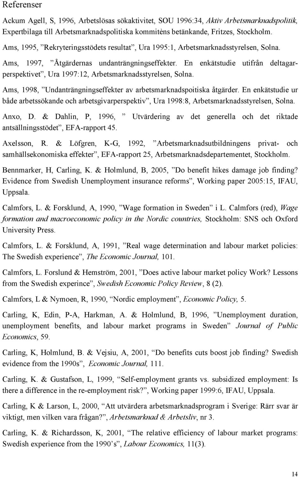 En enkätstudie utifrån deltagarperspektivet, Ura 1997:12, Arbetsmarknadsstyrelsen, Solna. Ams, 1998, Undanträngningseffekter av arbetsmarknadspoitiska åtgärder.