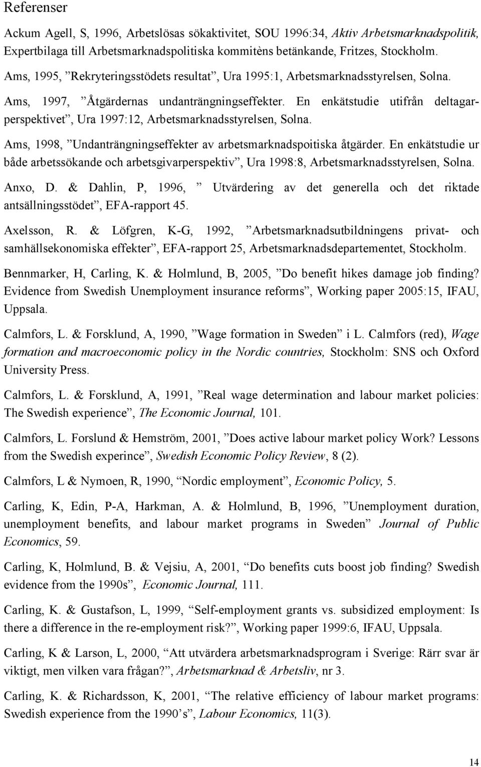 En enkätstudie utifrån deltagarperspektivet, Ura 1997:12, Arbetsmarknadsstyrelsen, Solna. Ams, 1998, Undanträngningseffekter av arbetsmarknadspoitiska åtgärder.