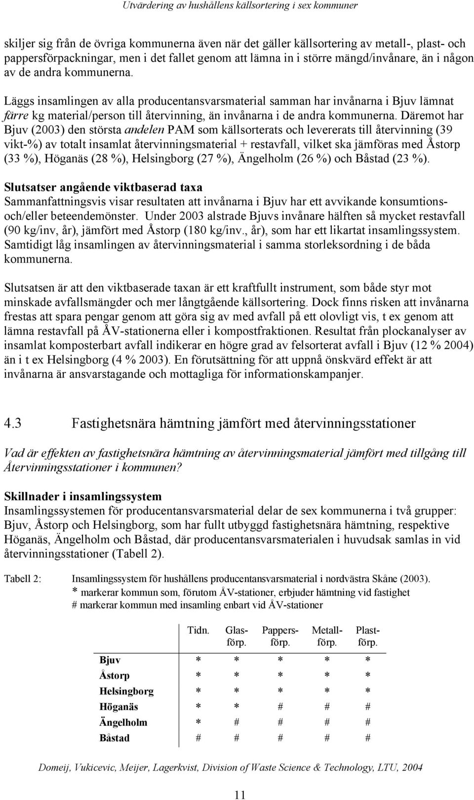 Däremot har Bjuv (2003) den största andelen PAM som källsorterats och levererats till återvinning (39 vikt-%) av totalt insamlat återvinningsmaterial + restavfall, vilket ska jämföras med Åstorp (33