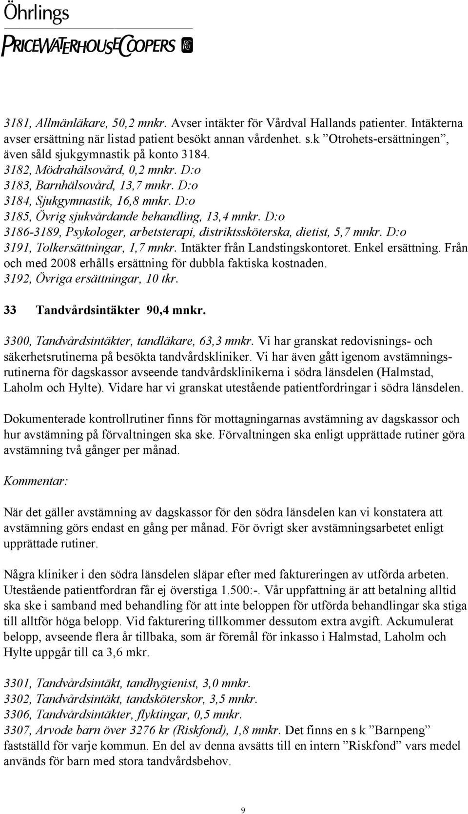 D:o 3185, Övrig sjukvårdande behandling, 13,4 mnkr. D:o 3186-3189, Psykologer, arbetsterapi, distriktssköterska, dietist, 5,7 mnkr. D:o 3191, Tolkersättningar, 1,7 mnkr.