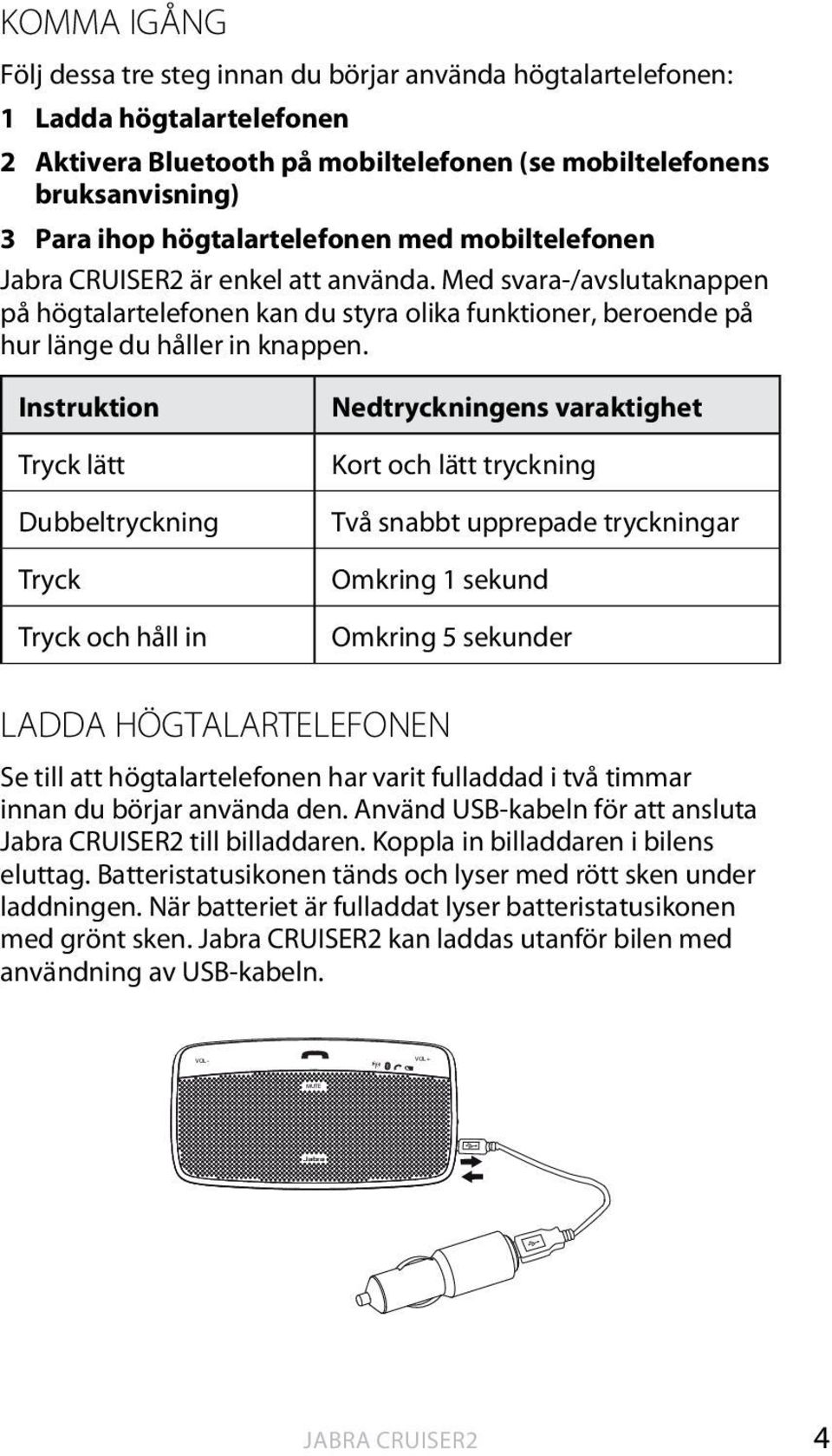 Instruktion Tryck lätt Dubbeltryckning Tryck Tryck och håll in Nedtryckningens varaktighet Kort och lätt tryckning Två snabbt upprepade tryckningar Omkring 1 sekund Omkring 5 sekunder LADDA