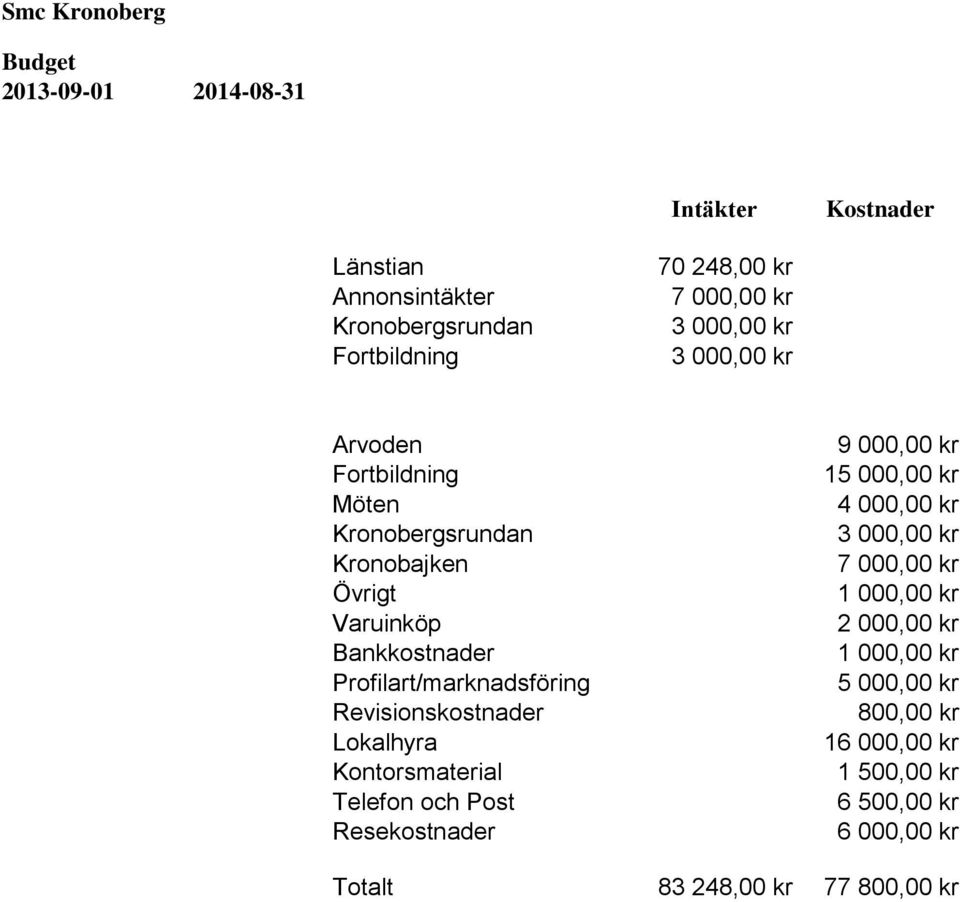 Revisionskostnader Lokalhyra Kontorsmaterial Telefon och Post Resekostnader 9 000,00 kr 15 000,00 kr 4 000,00 kr 3 000,00 kr 7 000,00 kr 1