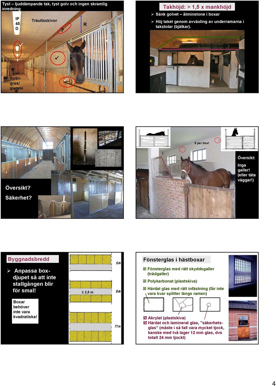 Översikt: Inga galler! (eller täta väggar!) Byggnadsbredd Anpassa boxdjupet så att inte stallgången blir för smal! Boxar behöver inte vara kvadratiska!