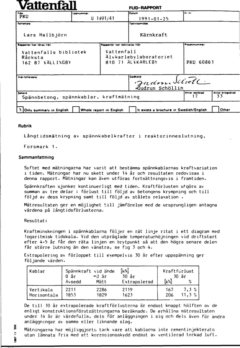 k ra ftmä t ning»gudrun Schöllin An t af T««Tt)i«d 17 Aniat biiasibxe 33 X Only summary in English Whole report in English It exists a brochure in Swedish/English [ Other Rubrik Långtidsmätning av