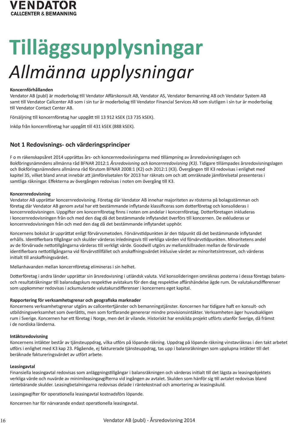 Försäljning till koncernföretag har uppgått till 13 912 ksek (13 735 ksek). Inköp från koncernföretag har uppgått till 431 ksek (888 ksek).