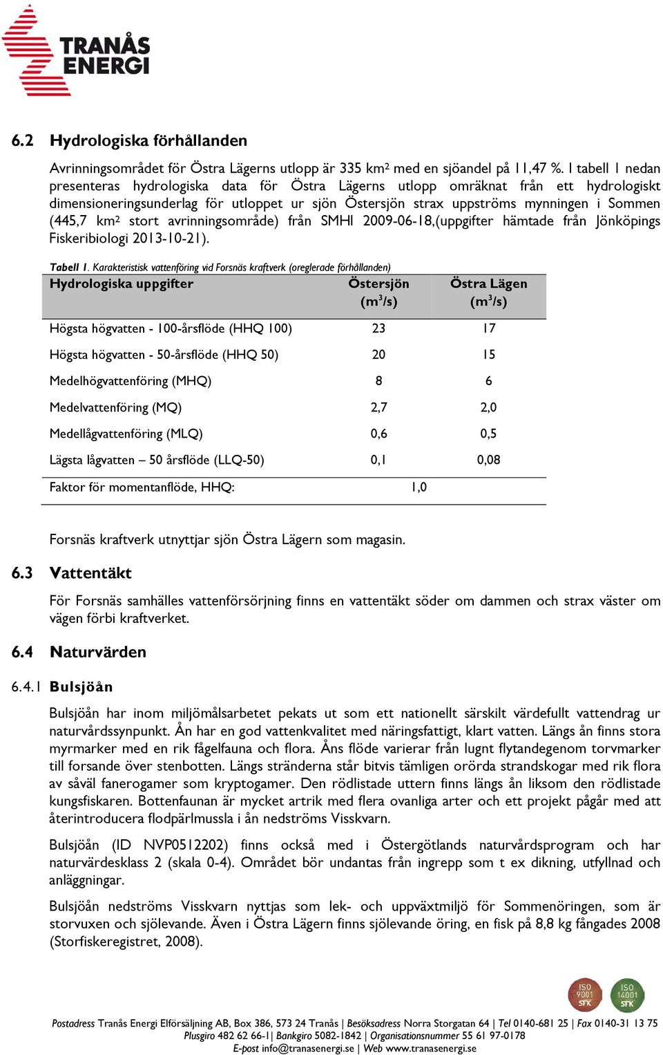 km 2 stort avrinningsområde) från SMHI 2009-06-18,(uppgifter hämtade från Jönköpings Fiskeribiologi 2013-10-21). Tabell 1.