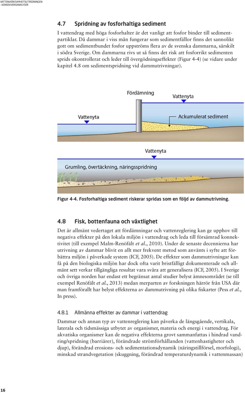 Om dammarna rivs ut så finns det risk att fosforrikt sedimenten sprids okontrollerat och leder till övergödningseffekter (Figur 4 4) (se vidare under kapitel 4.