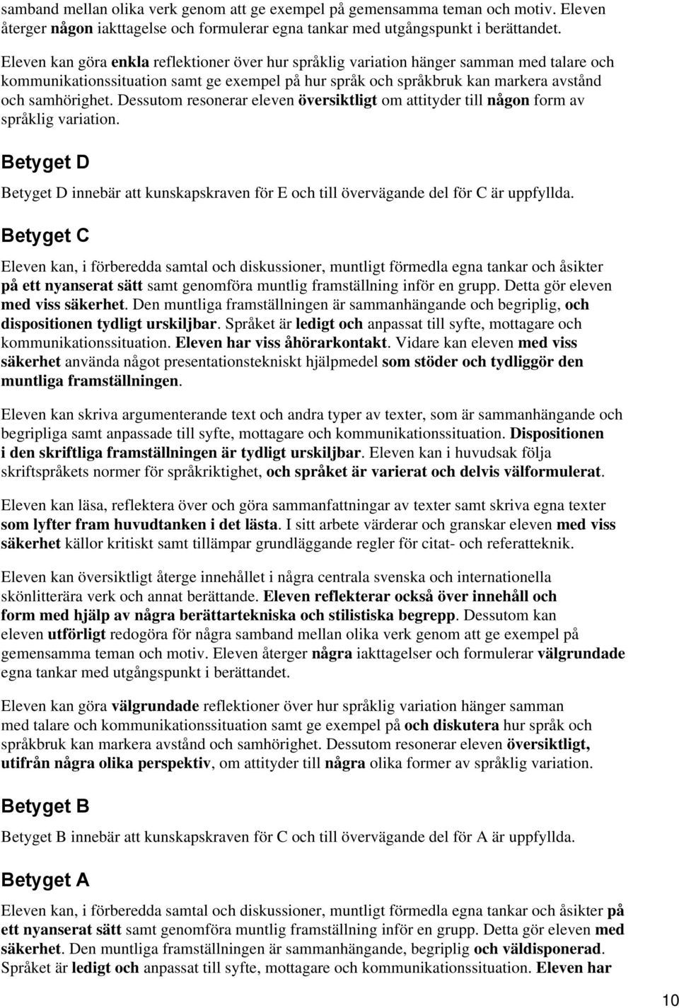 Dessutom resonerar eleven översiktligt om attityder till någon form av språklig variation. Betyget D Betyget D innebär att kunskapskraven för E och till övervägande del för C är uppfyllda.