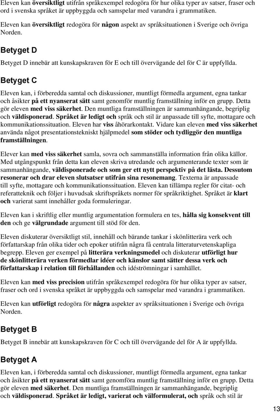 Betyget C Eleven kan, i förberedda samtal och diskussioner, muntligt förmedla argument, egna tankar och åsikter på ett nyanserat sätt samt genomför muntlig framställning inför en grupp.