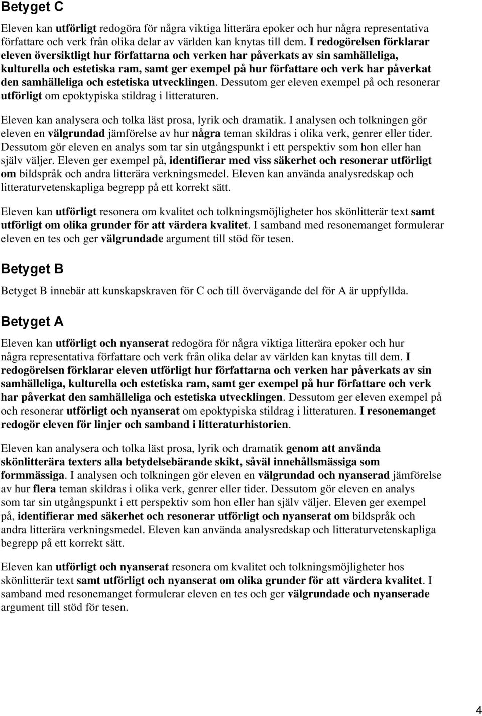 samhälleliga och estetiska utvecklingen. Dessutom ger eleven exempel på och resonerar utförligt om epoktypiska stildrag i litteraturen. Eleven kan analysera och tolka läst prosa, lyrik och dramatik.