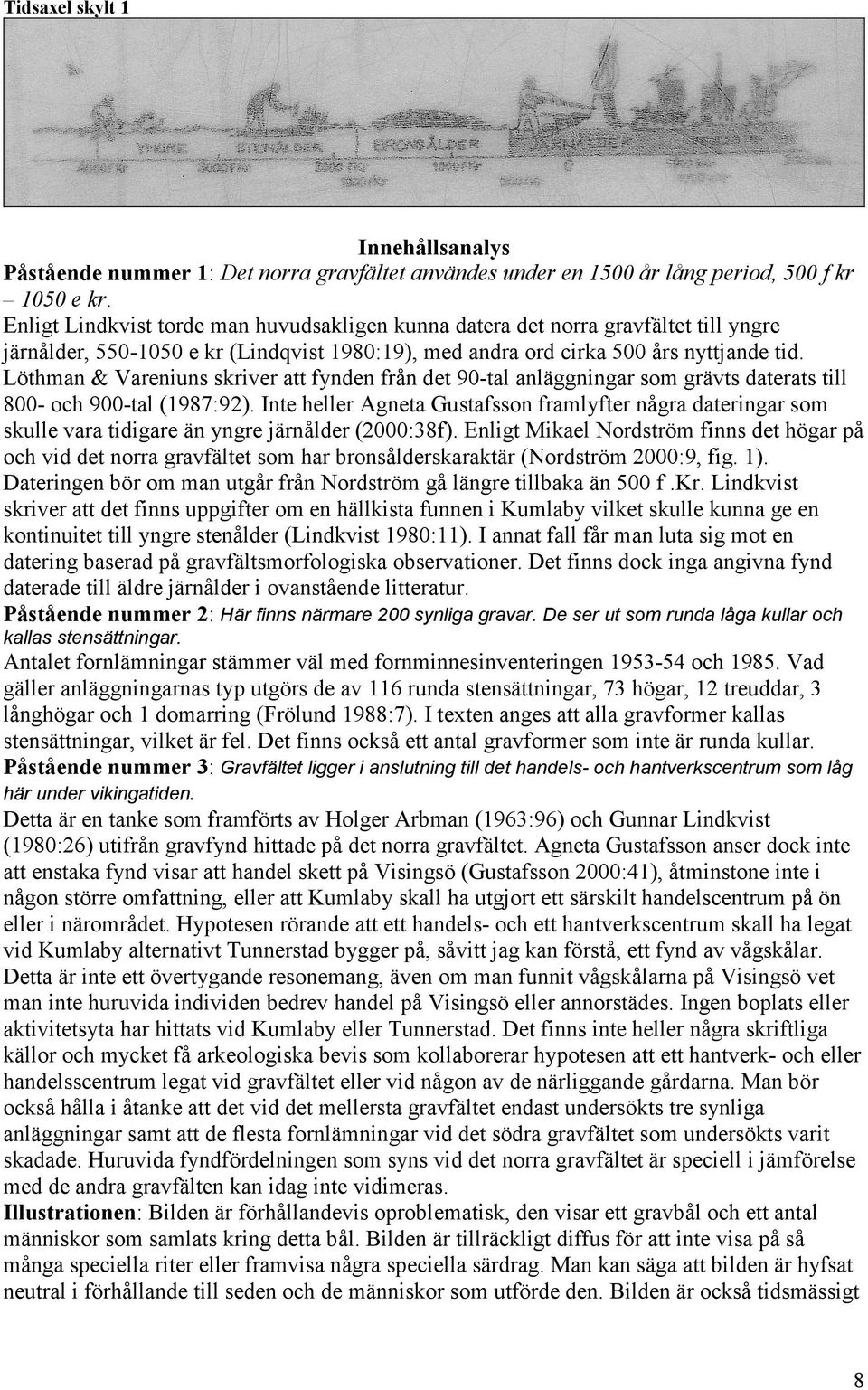 Löthman & Vareniuns skriver att fynden från det 90-tal anläggningar som grävts daterats till 800- och 900-tal (1987:92).