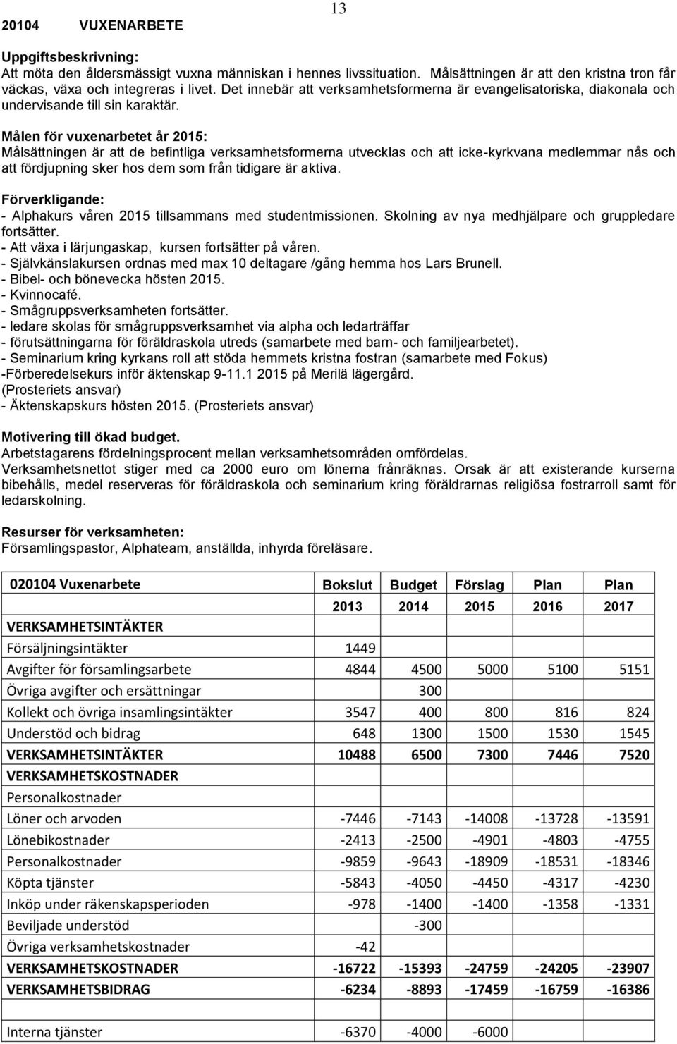 Målen för vuxenarbetet år 2015: Målsättningen är att de befintliga verksamhetsformerna utvecklas och att icke-kyrkvana medlemmar nås och att fördjupning sker hos dem som från tidigare är aktiva.