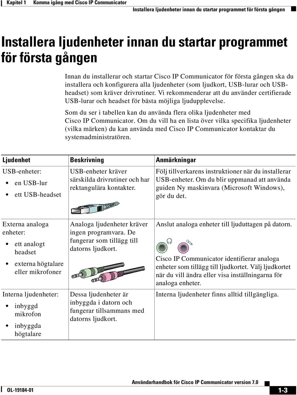 Vi rekommenderar att du använder certifierade USB-lurar och headset för bästa möjliga ljudupplevelse. Som du ser i tabellen kan du använda flera olika ljudenheter med Cisco IP Communicator.