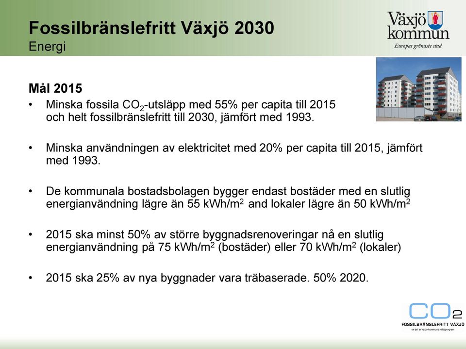 De kommunala bostadsbolagen bygger endast bostäder med en slutlig energianvändning lägre än 55 kwh/m 2 and lokaler lägre än 50 kwh/m 2 2015