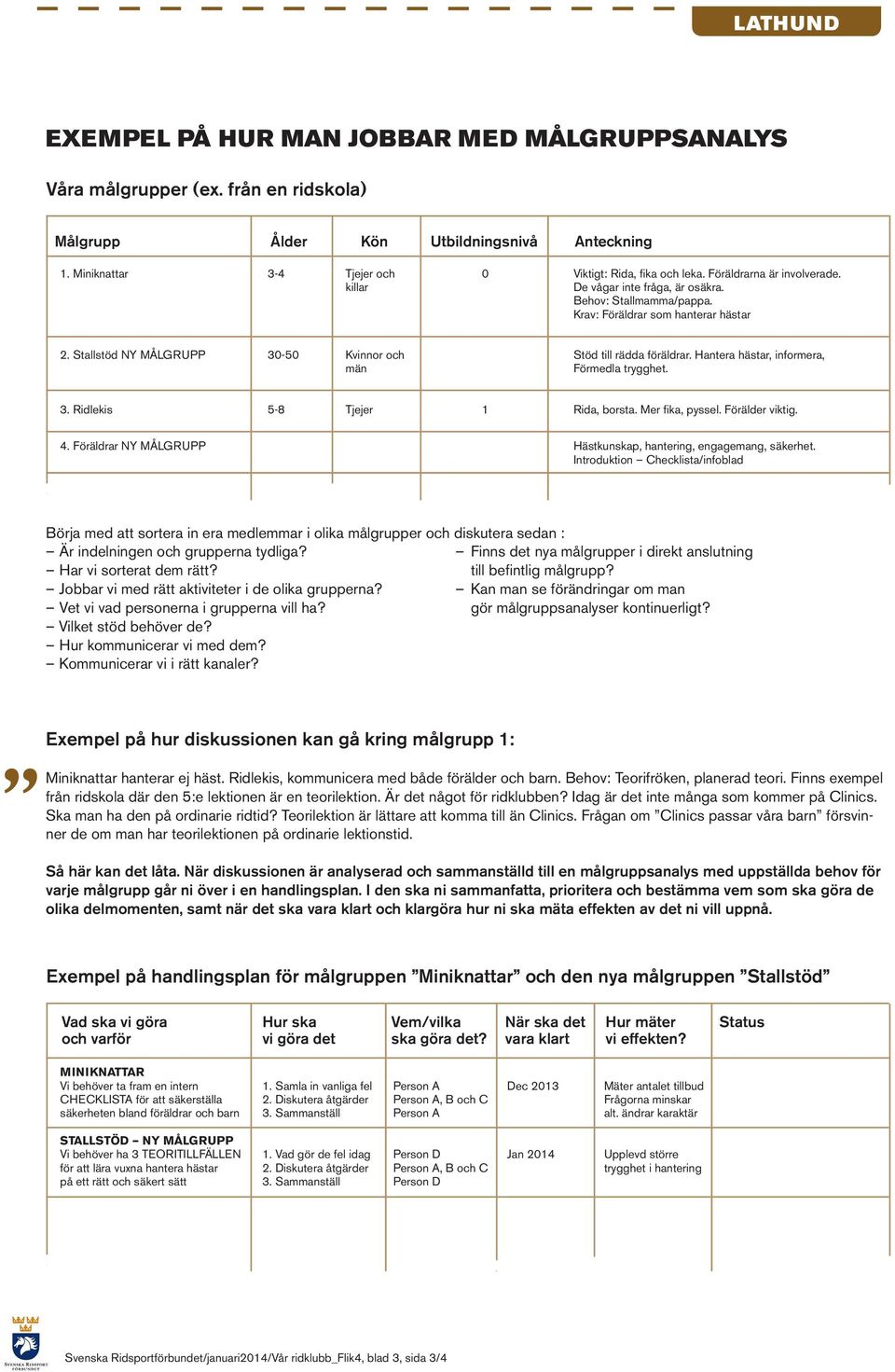 Hantera hästar, informera, män Förmedla trygghet. 3. Ridlekis 5-8 Tjejer 1 Rida, borsta. Mer fika, pyssel. Förälder viktig. 4. Föräldrar NY MÅLGRUPP Hästkunskap, hantering, engagemang, säkerhet.