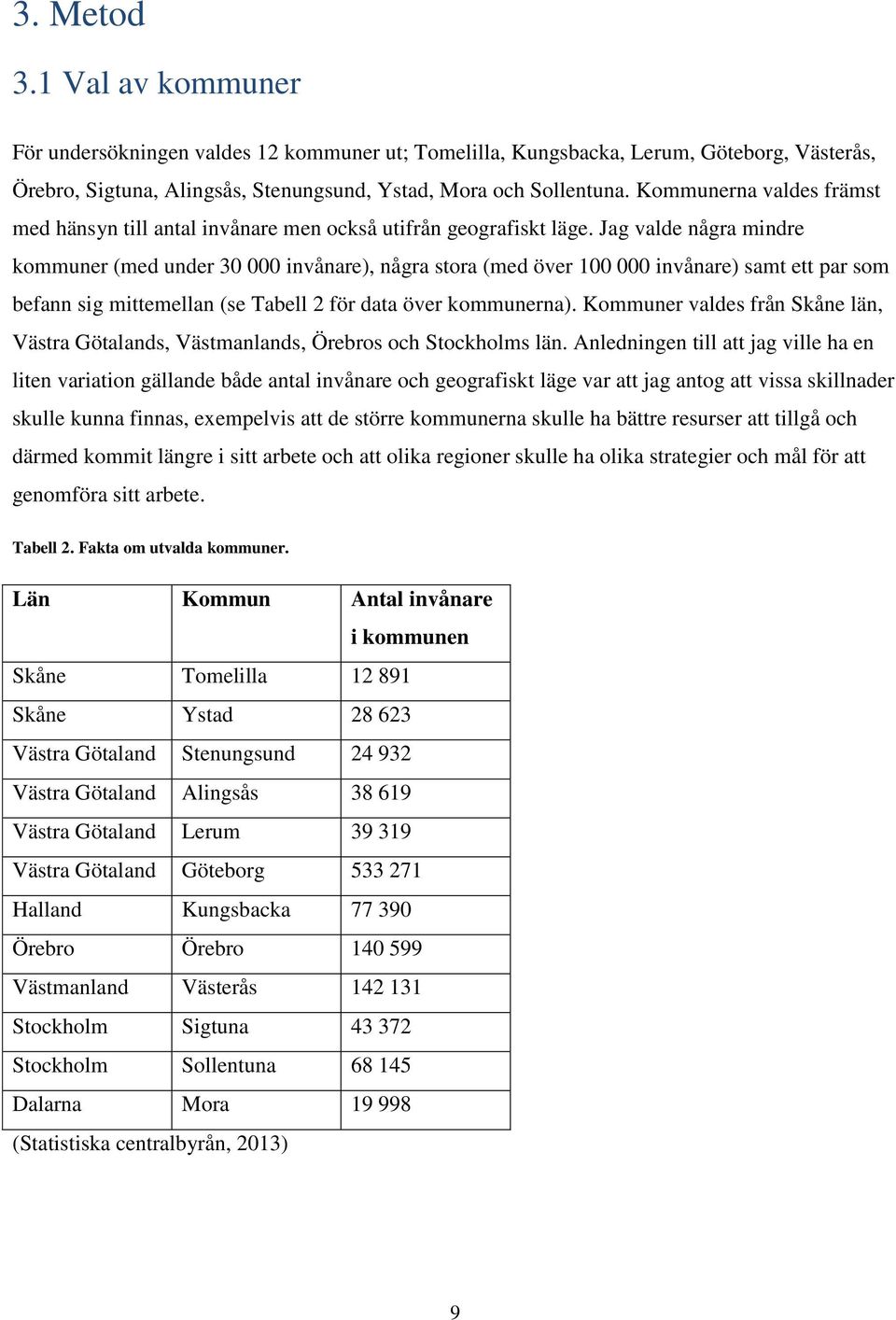 Jag valde några mindre kommuner (med under 30 000 invånare), några stora (med över 100 000 invånare) samt ett par som befann sig mittemellan (se Tabell 2 för data över kommunerna).