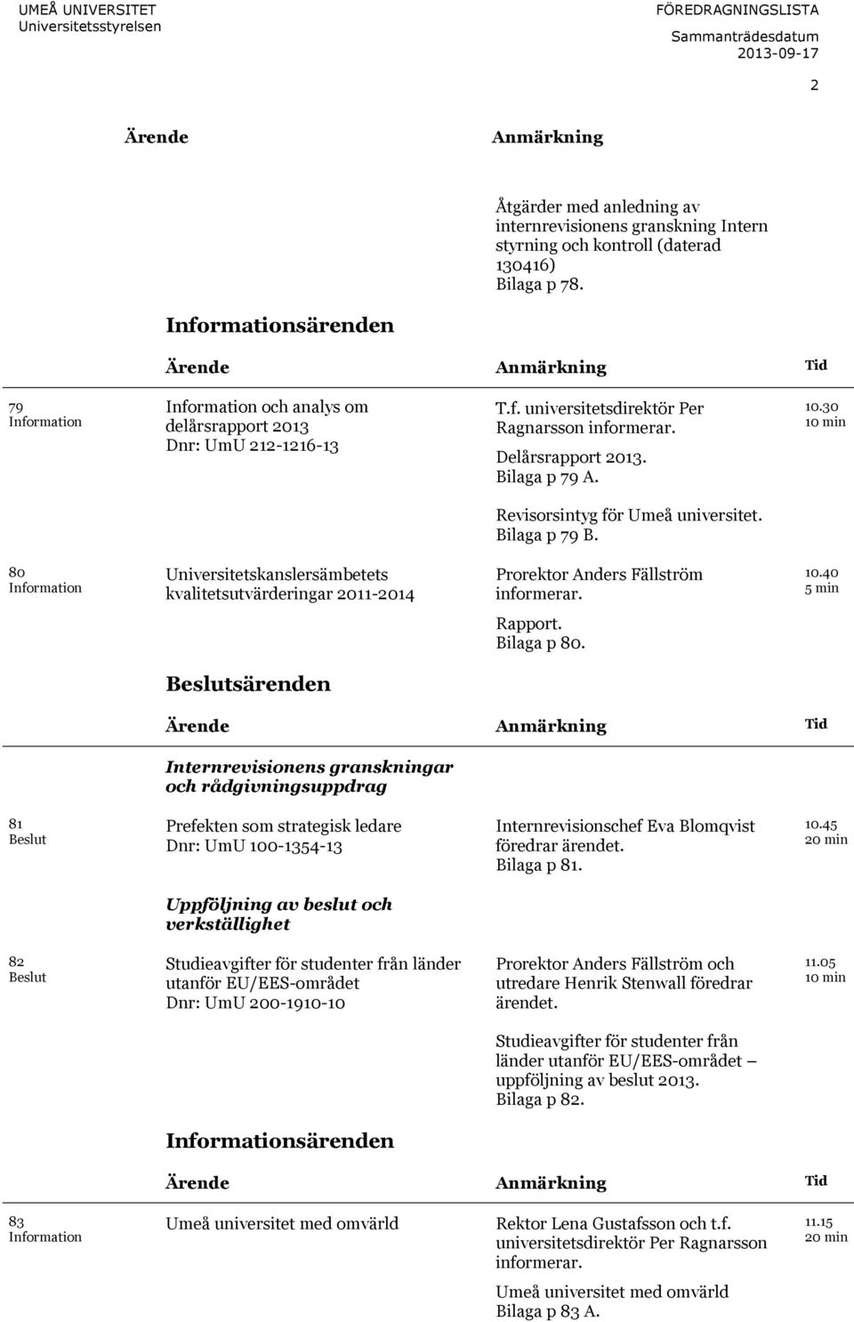 Delårsrapport 2013. Bilaga p 79 A. 10.30 10 min Revisorsintyg för Umeå universitet. Bilaga p 79 B.