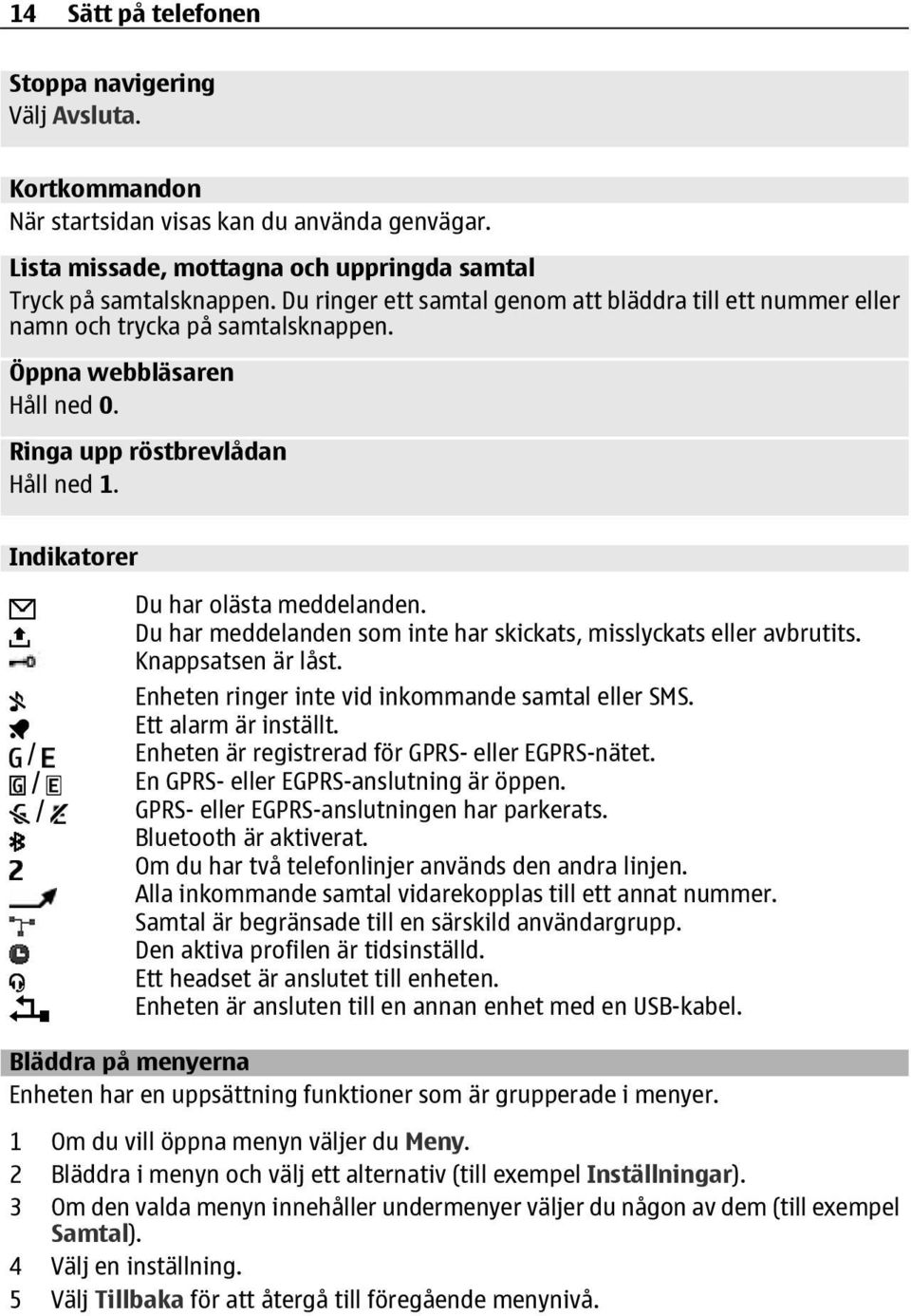 Du har meddelanden som inte har skickats, misslyckats eller avbrutits. Knappsatsen är låst. Enheten ringer inte vid inkommande samtal eller SMS. Ett alarm är inställt.